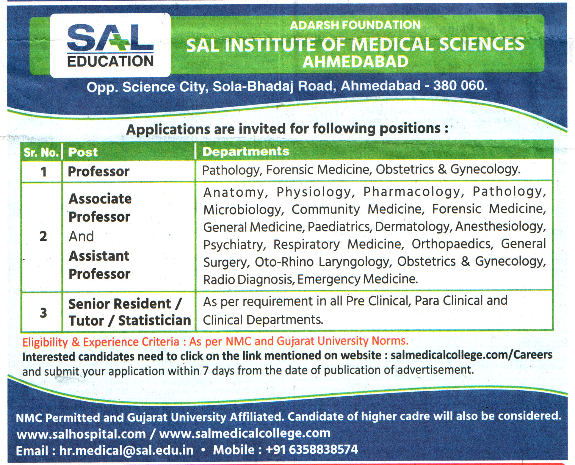 College Jobs SAL Institute of Medical Sciences (SAL Medical College) Ahmedabad Recruitment