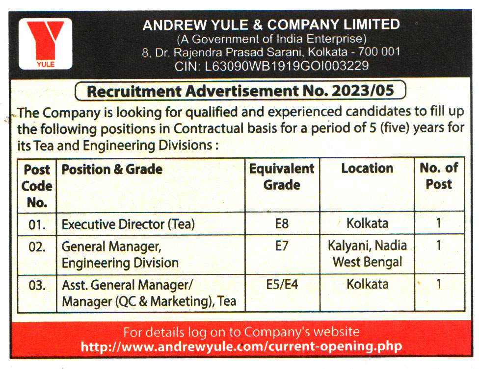 Andrew Yule Kolkata Recruitment