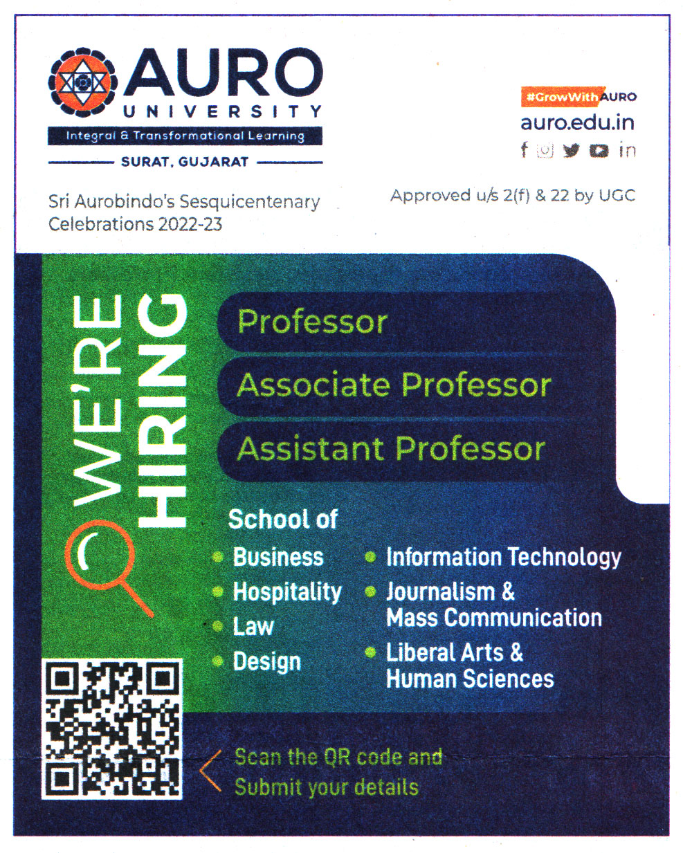 Auro University Surat Recruitment