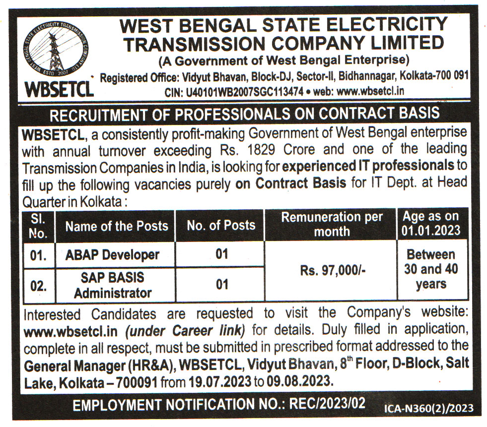 WBSETCL Kolkata Recruitment