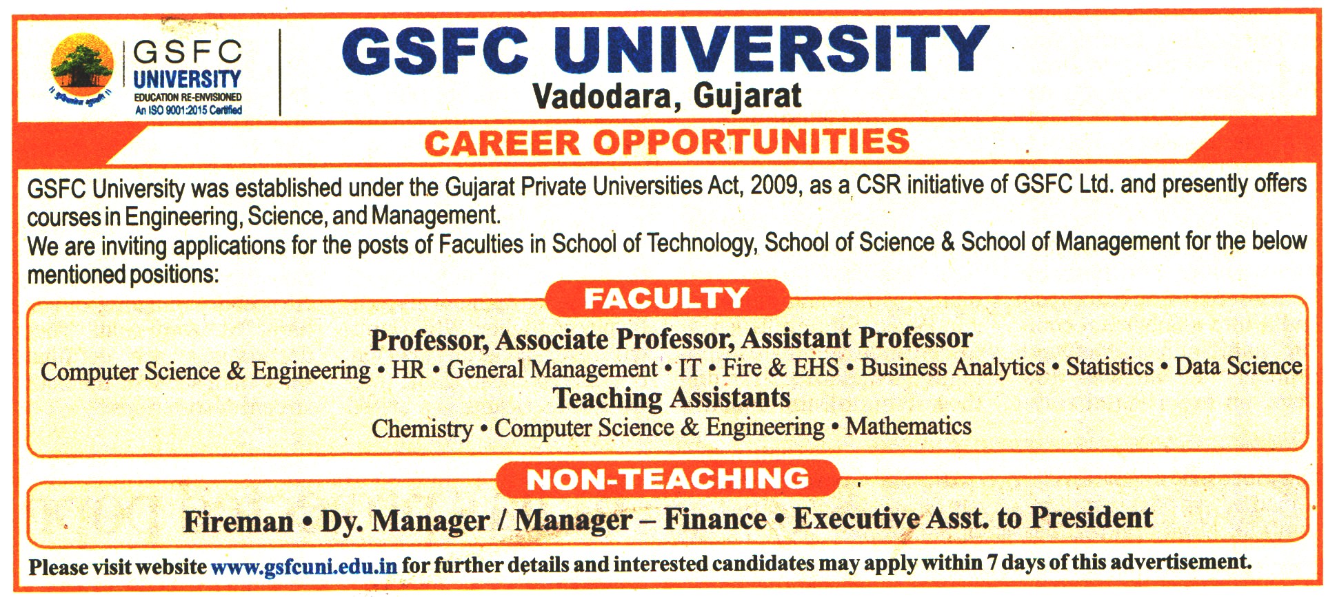 GSFC University Vadodara Recruitment