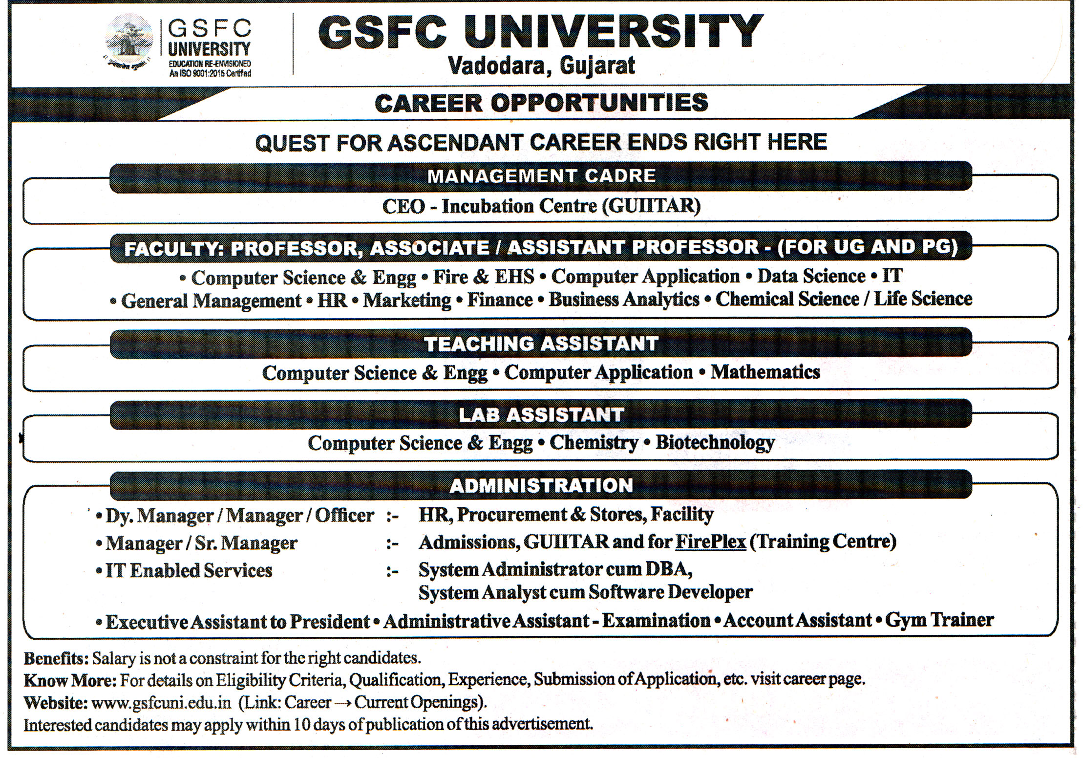 GSFC University Vadodara Recruitment