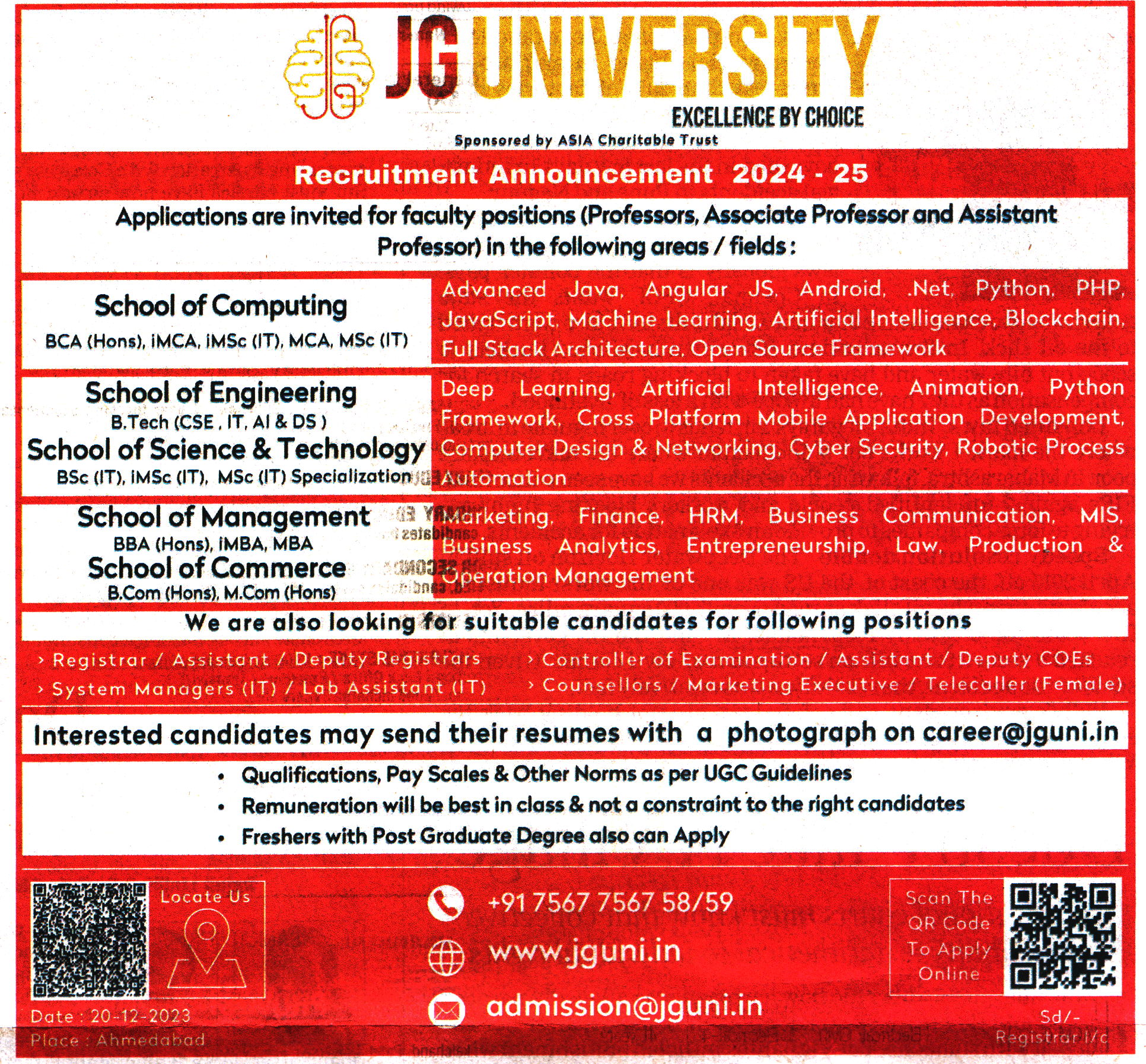 JG University Ahmedabad Recruitment