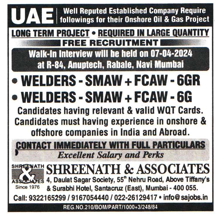 Jobs in UAE for Welders SMAW FCAW 6GR