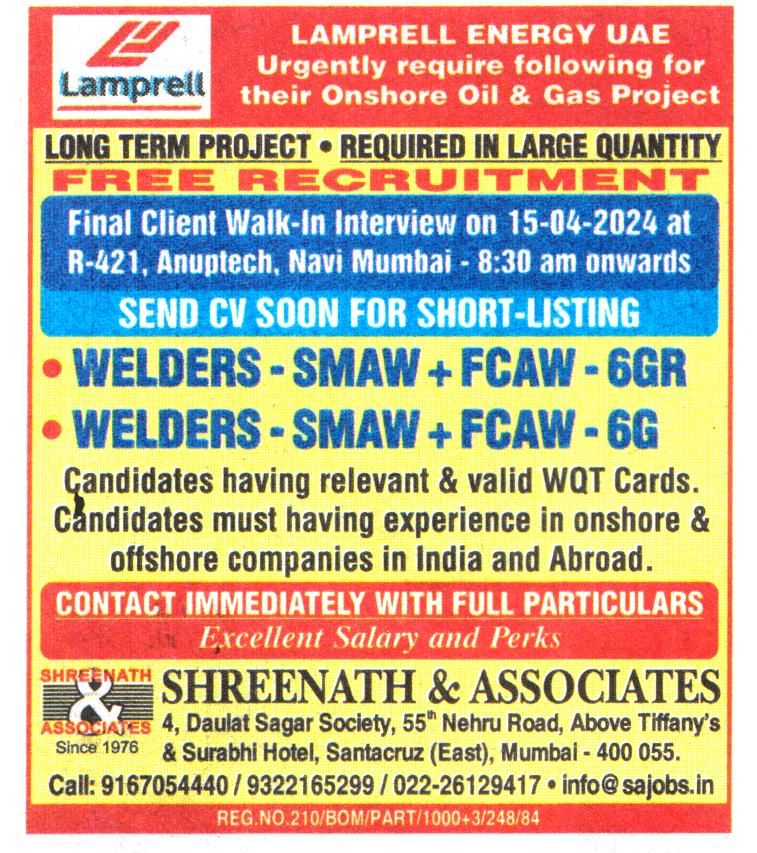 Jobs in UAE for Welders SMAW FCAW 6G