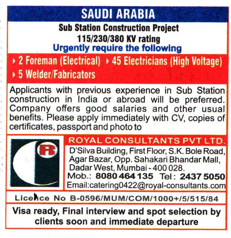 Jobs in Saudi Arabia for Foreman Electrical