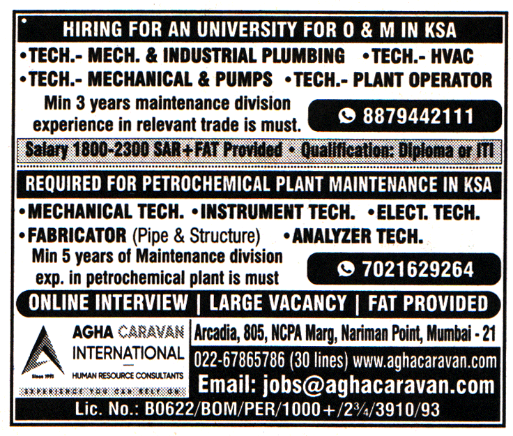 Jobs in KSA for Mechanical & Pumps Technician