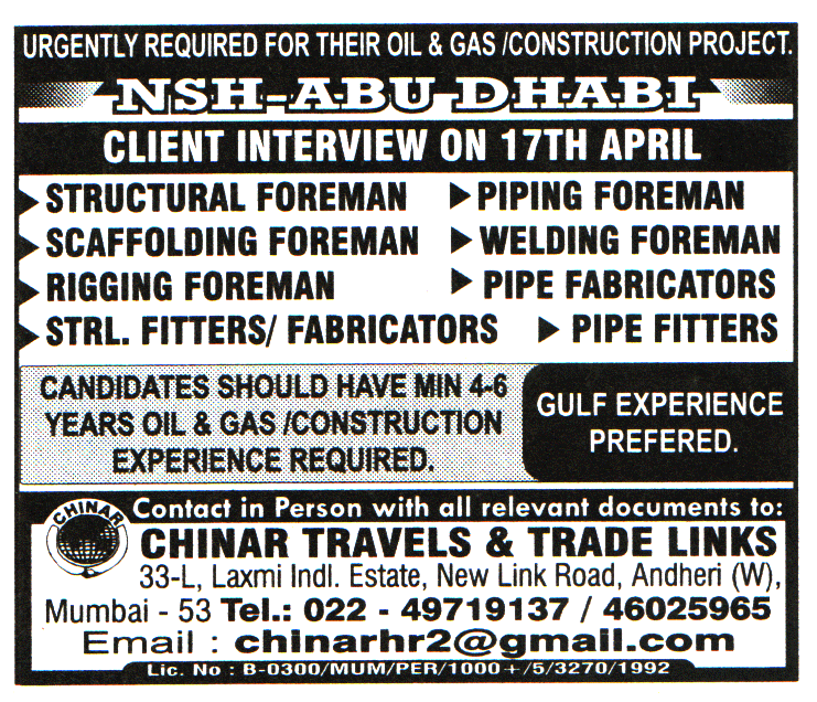 Jobs in Abu Dhabi for Piping Foreman