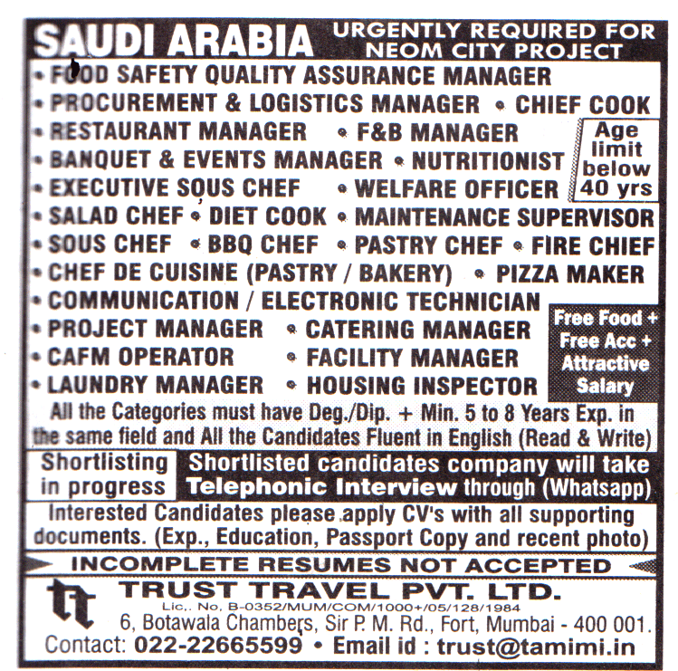 Jobs in Saudi Arabia for Catering Manager