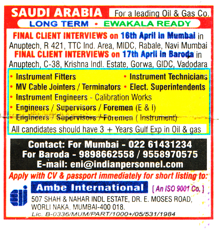 Jobs in Saudi Arabia for Instrument Fitters