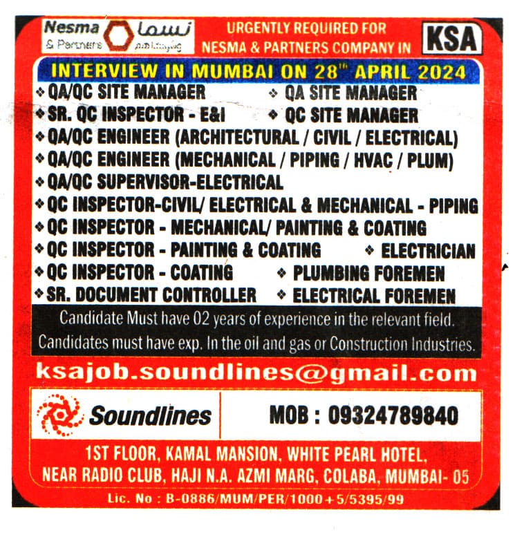 Jobs in KSA for Electrical Foreman