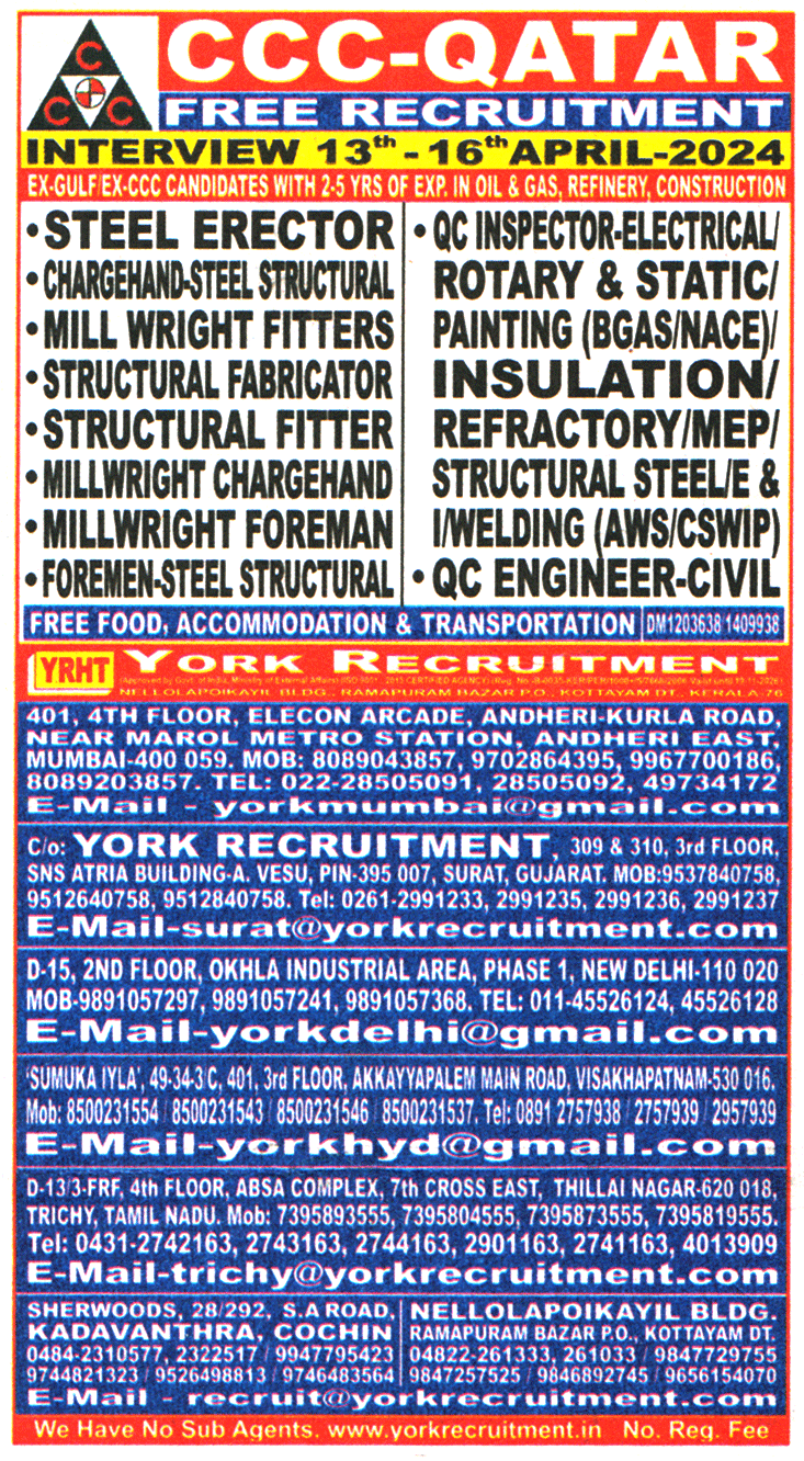 Jobs in Qatar for Mill Wright Fitters