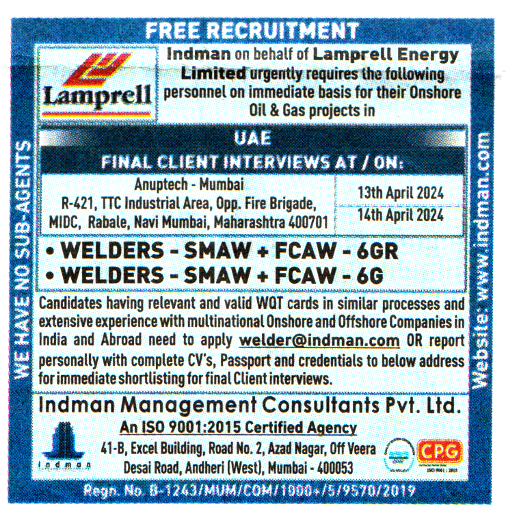 Jobs in UAE for Welder SMAW FCAW 6GR