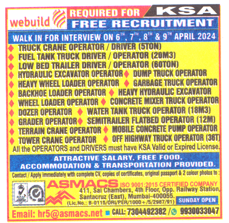 Jobs in KSA for Tower Crane Operator