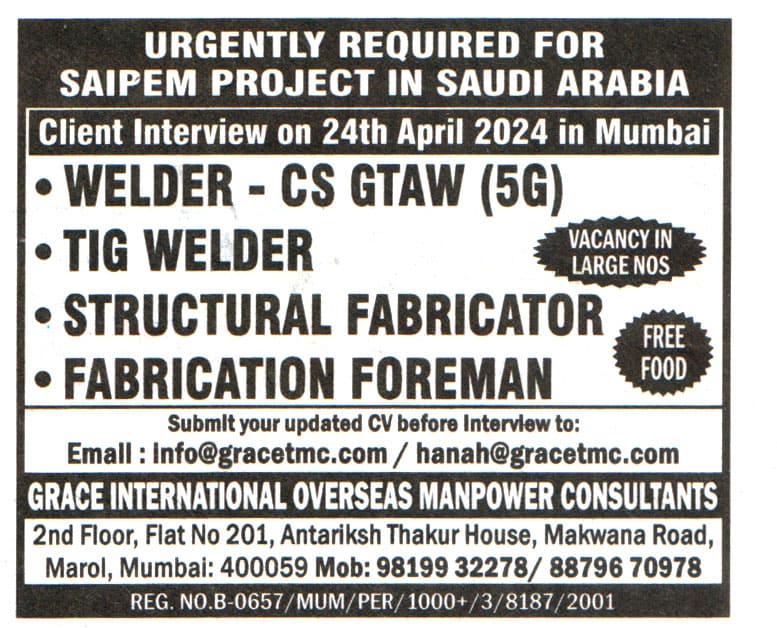 Jobs in Saudi Arabia for Tig Welder