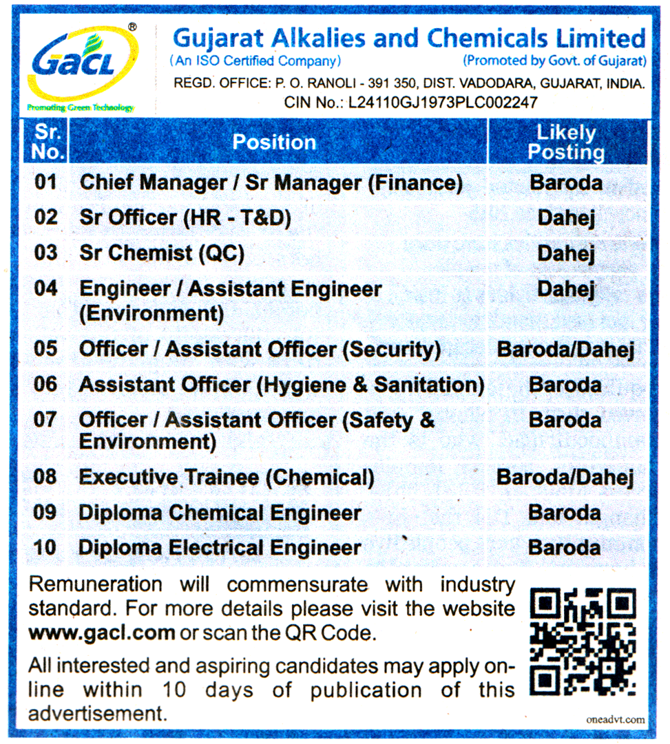 Gujarat Alkalies and Chemicals Limited (GACL) Vadodara Recruitment