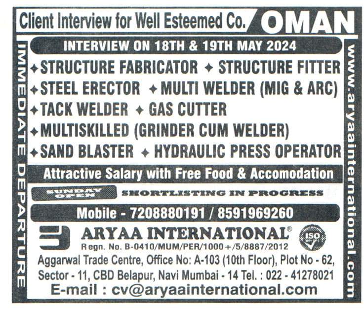 Jobs in Oman for Multiskilled Grinder Cum Welder