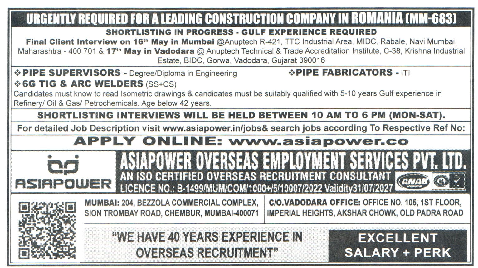 Jobs in Romania for Pipe Supervisors