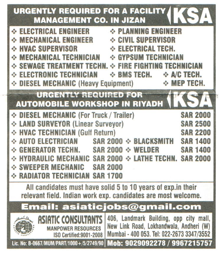 Jobs in KSA for Diesel Mechanic