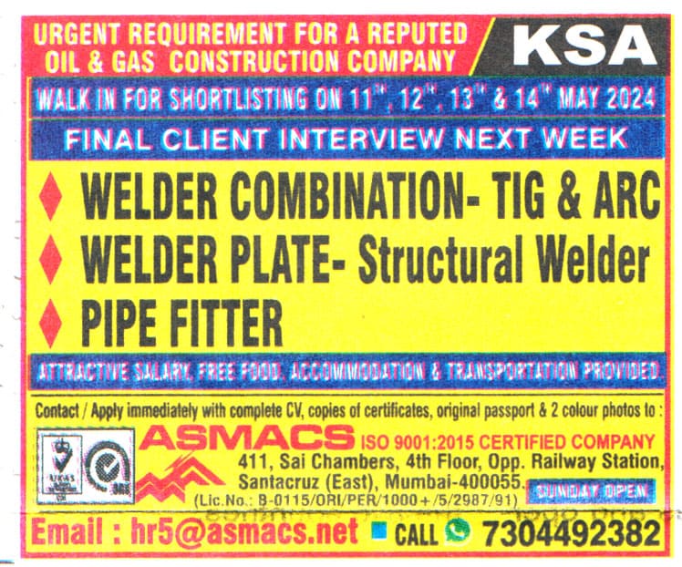 Jobs in KSA for Welder Plate