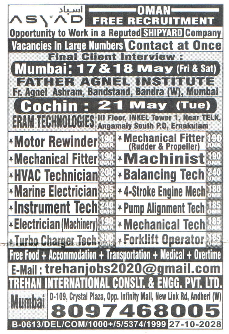 Jobs in Oman for Electrician Machinery