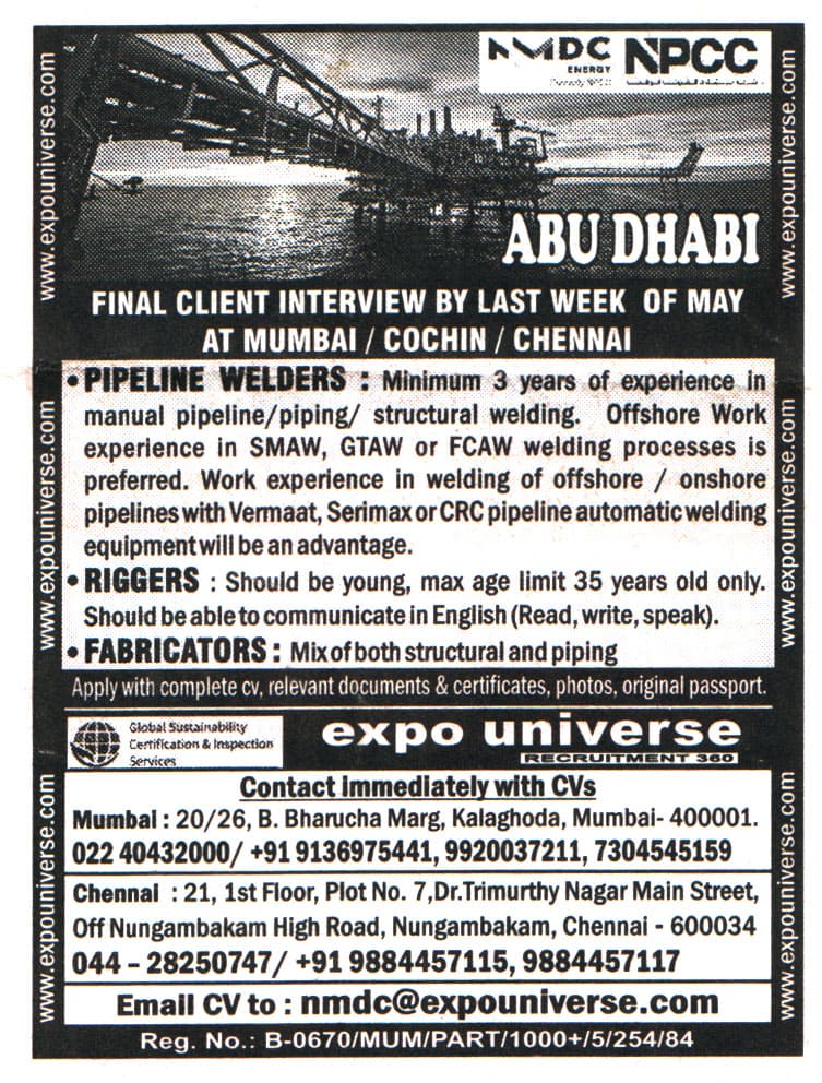 Jobs in Abu Dhabi for Pipeline welders