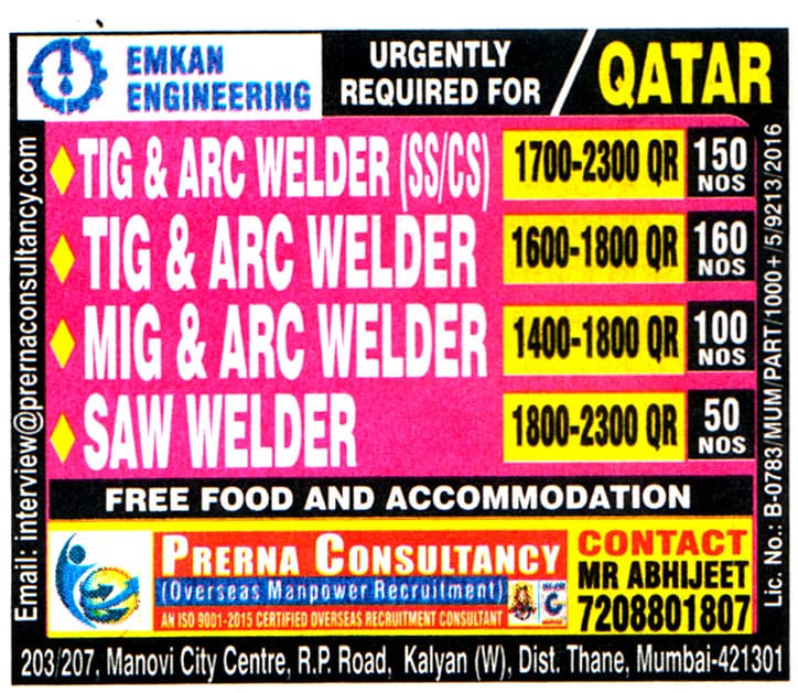 Jobs in Qatar for MIG & ARC Welder