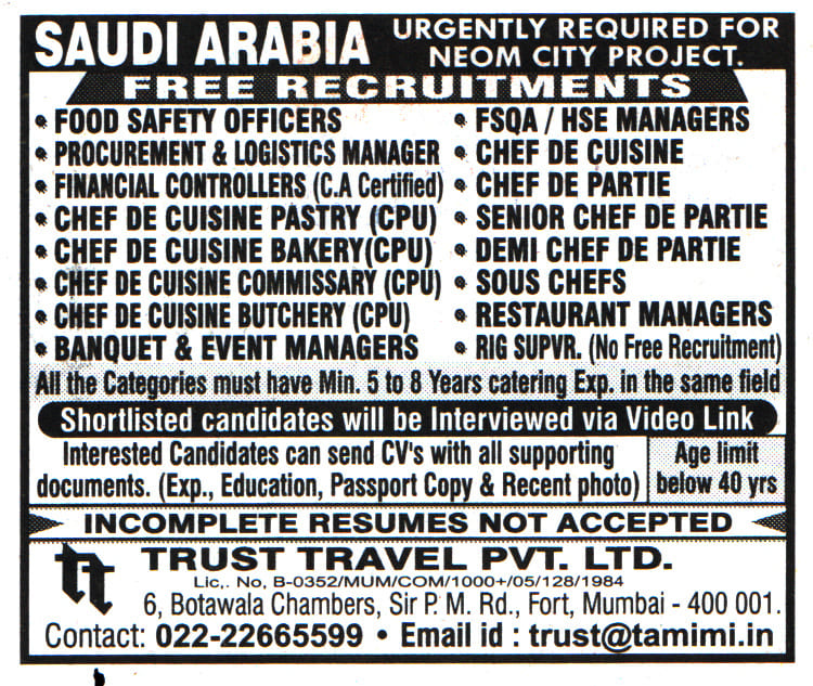 Jobs in Saudi Arabia for Chef DE Cuisine Bakery