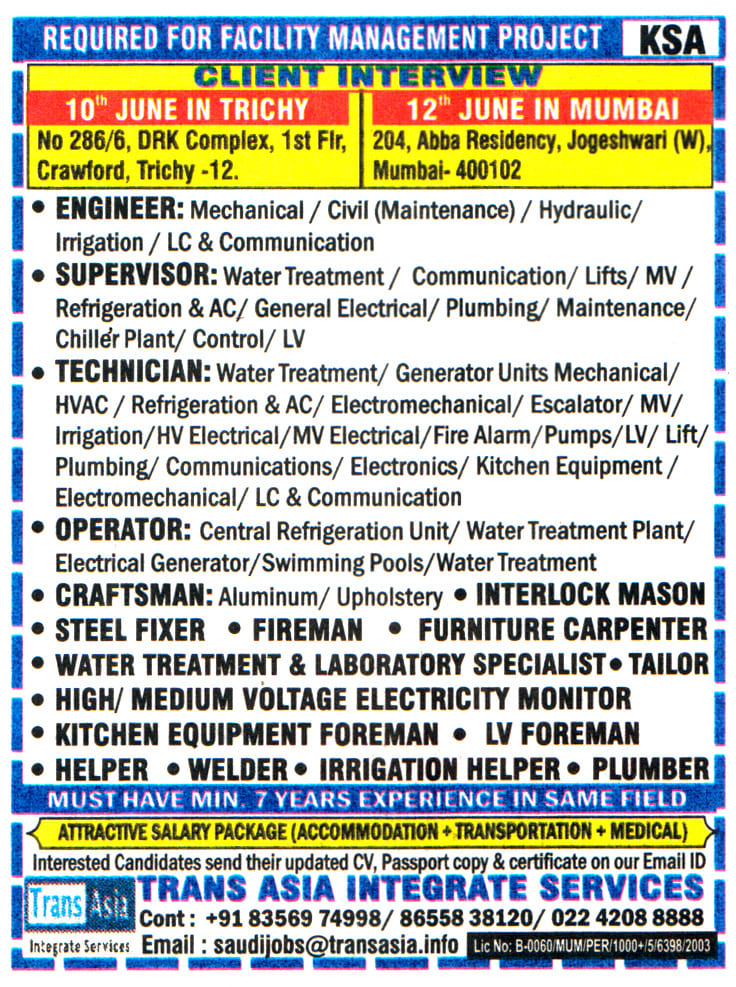 Jobs in KSA for Kitchen Equipment Foreman