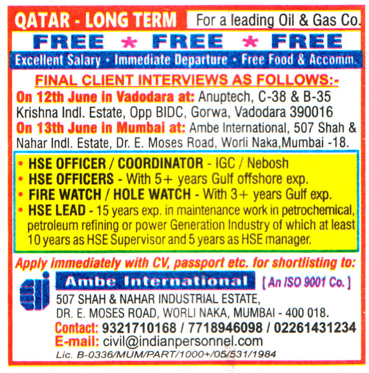 Jobs in Qatar for HSE Officer & Coordinator