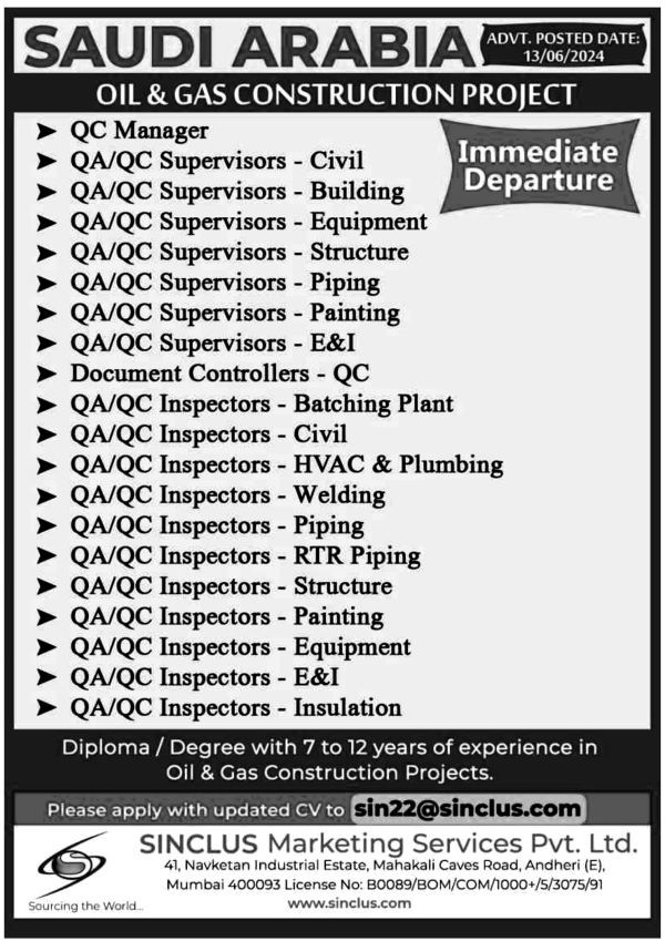 Jobs in Saudi Arabia for QA QC Painting Inspectors