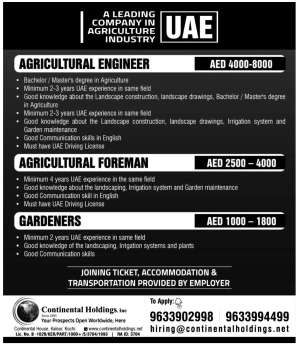 Jobs in UAE for Agricultural Foreman