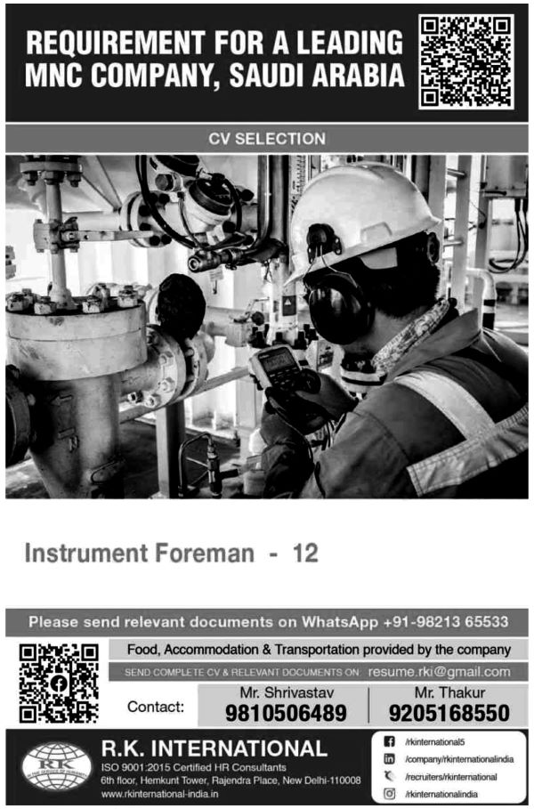 Instrument Foreman for Jobs in Saudi Arabia