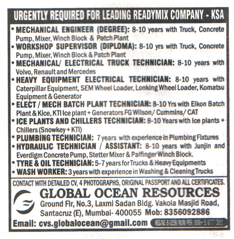 Jobs in KSA for Hydraulic Technician & Assistant