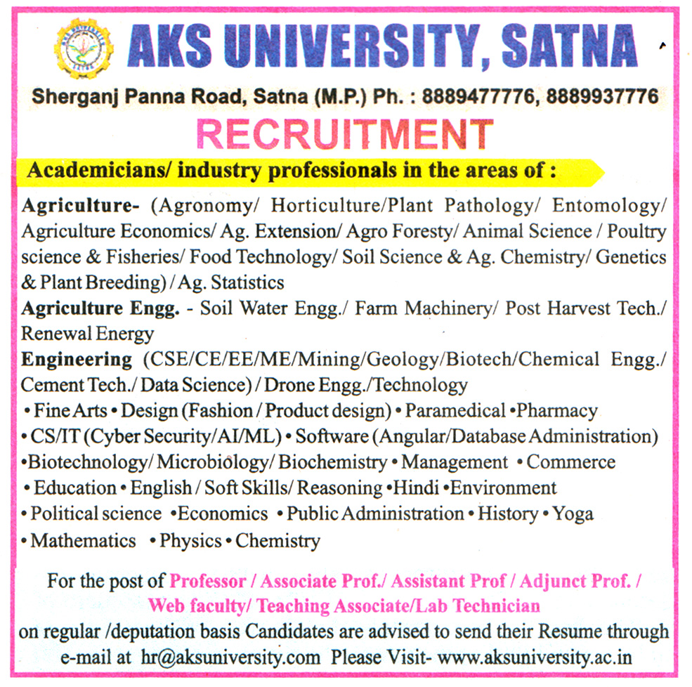 AKS University Satna Recruitment