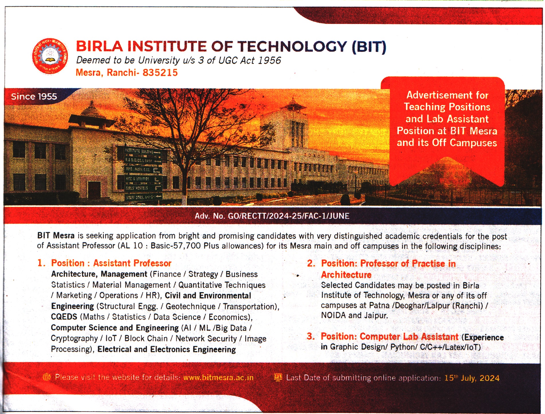 Birla Institute of Technology (BIT) Ranchi Recruitment