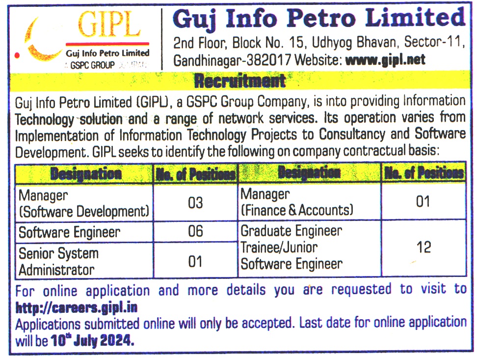 Guj Info Petro Limited (GIPL) Gandhinagar Recruitment