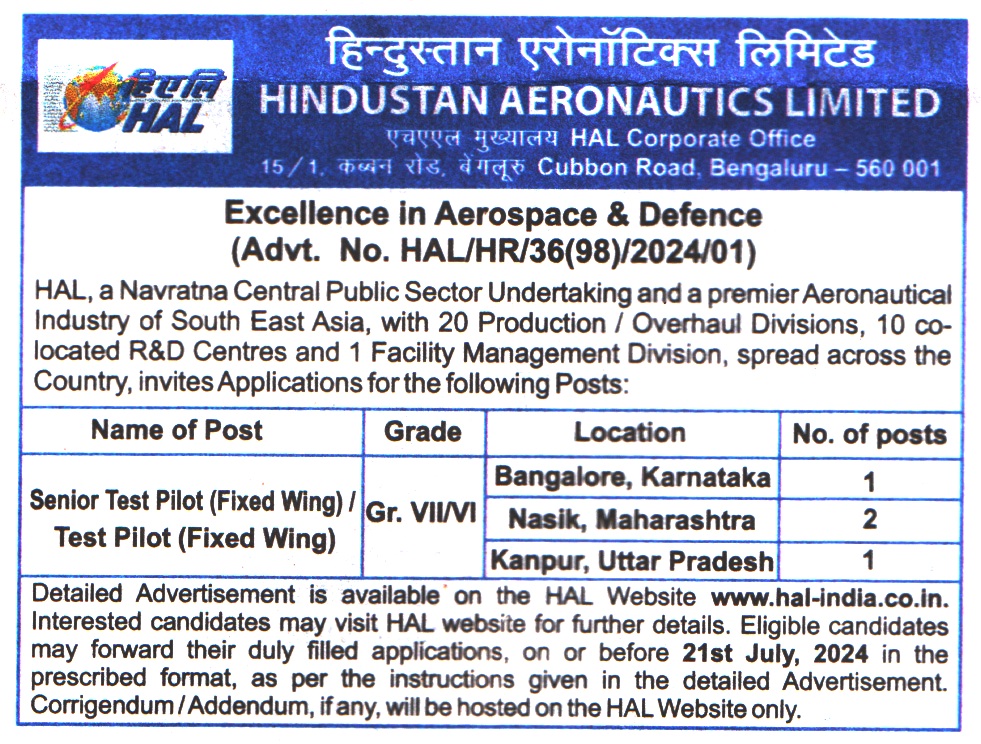 Hindustan Aeronautics Limited (HAL) Bengaluru Recruitment