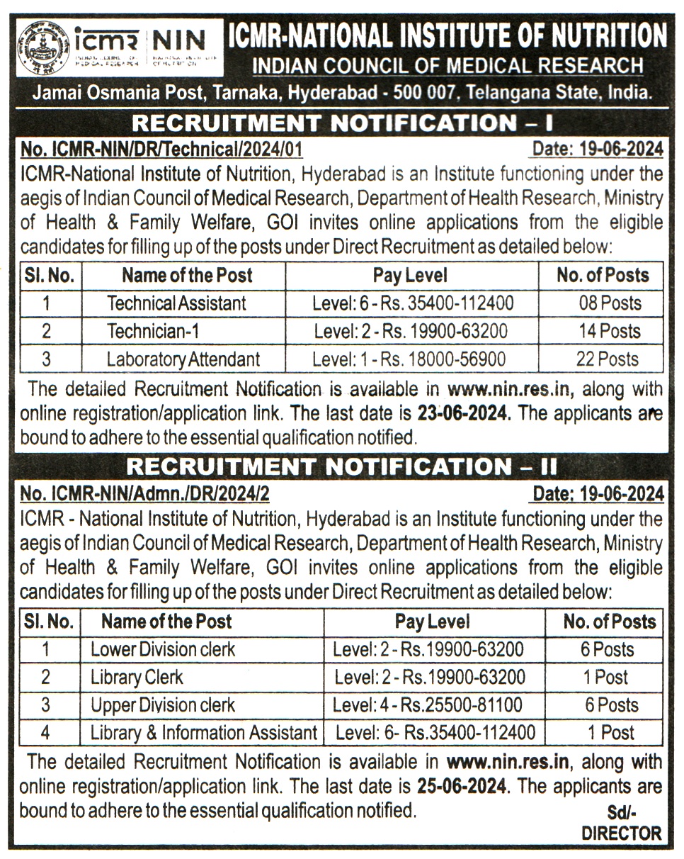 ICMR-National Institute of Nutrition Hyderabad Recruitment