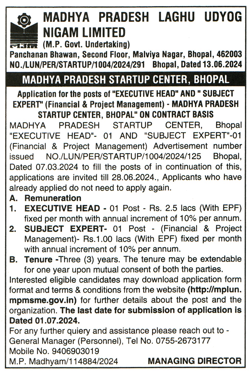 Madhya Pradesh Laghu Udyog Nigam Limited Bhopal Recruitment