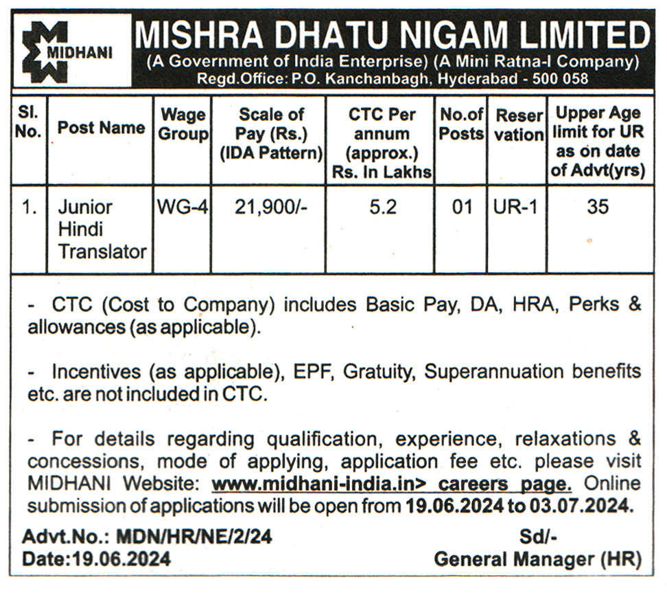 Mishra Dhatu Nigam Limited (MIDHANI) Hyderabad Recruitment