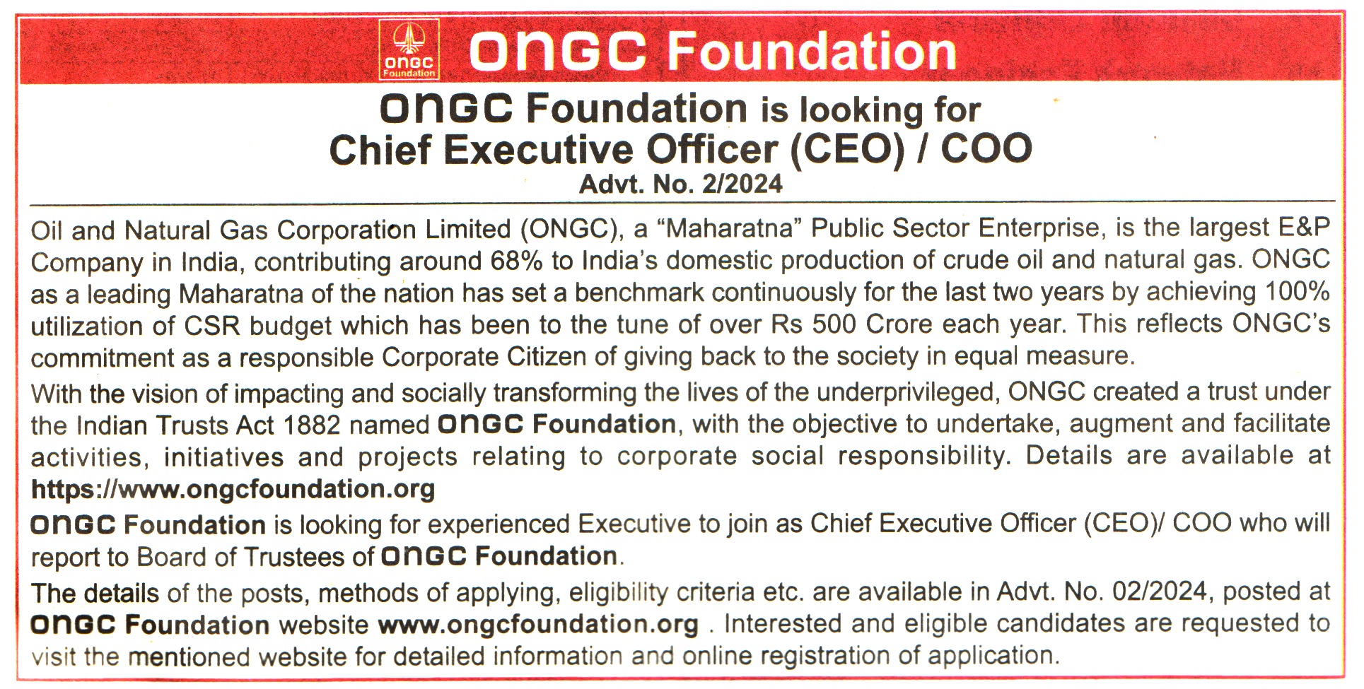 ONGC Foundation New Delhi Recruitment