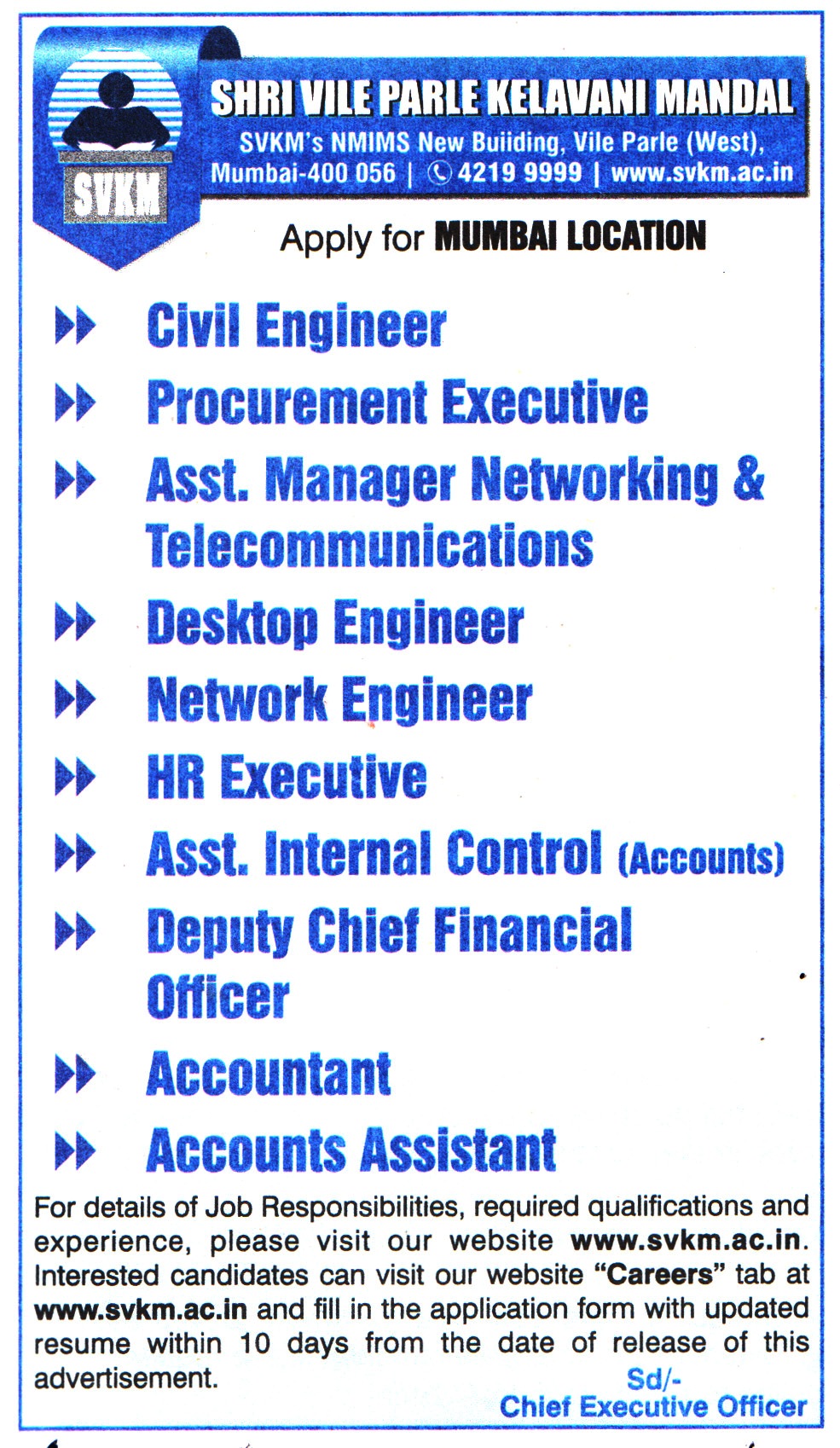 Shri Vile Parle Kelavani Mandal (SVKM) Mumbai Recruitment