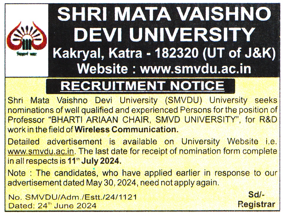 Shri Mata Vaishno Devi University Katra Recruitment