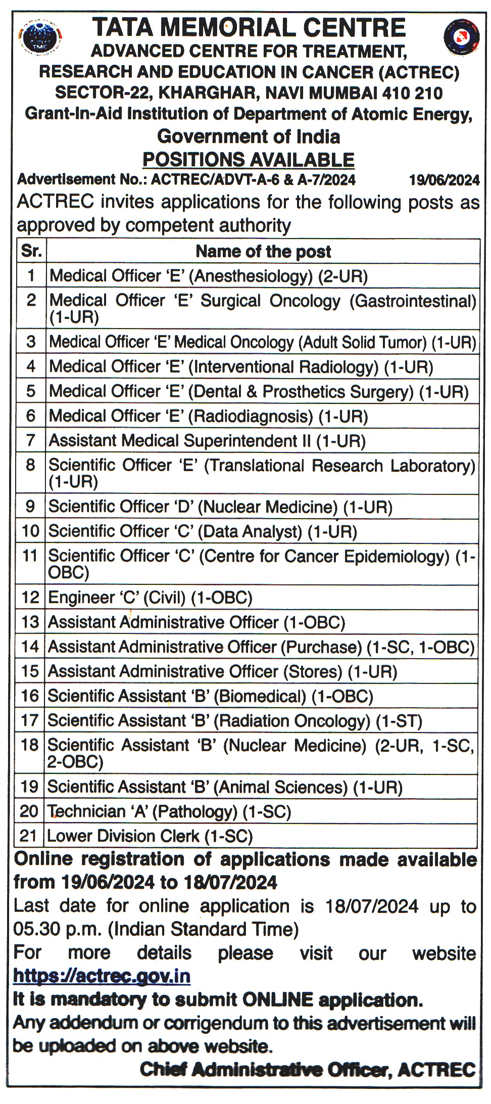 Tata Memorial Centre Mumbai Recruitment