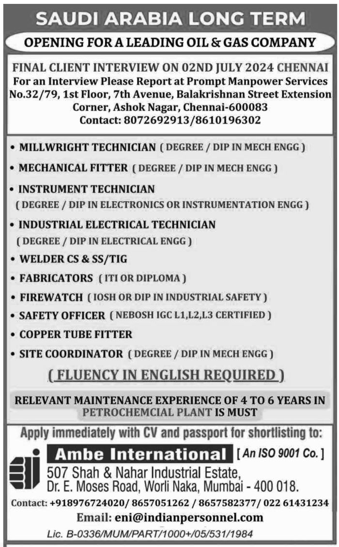 Jobs in Saudi Arabia for Industrial Electrical Technician