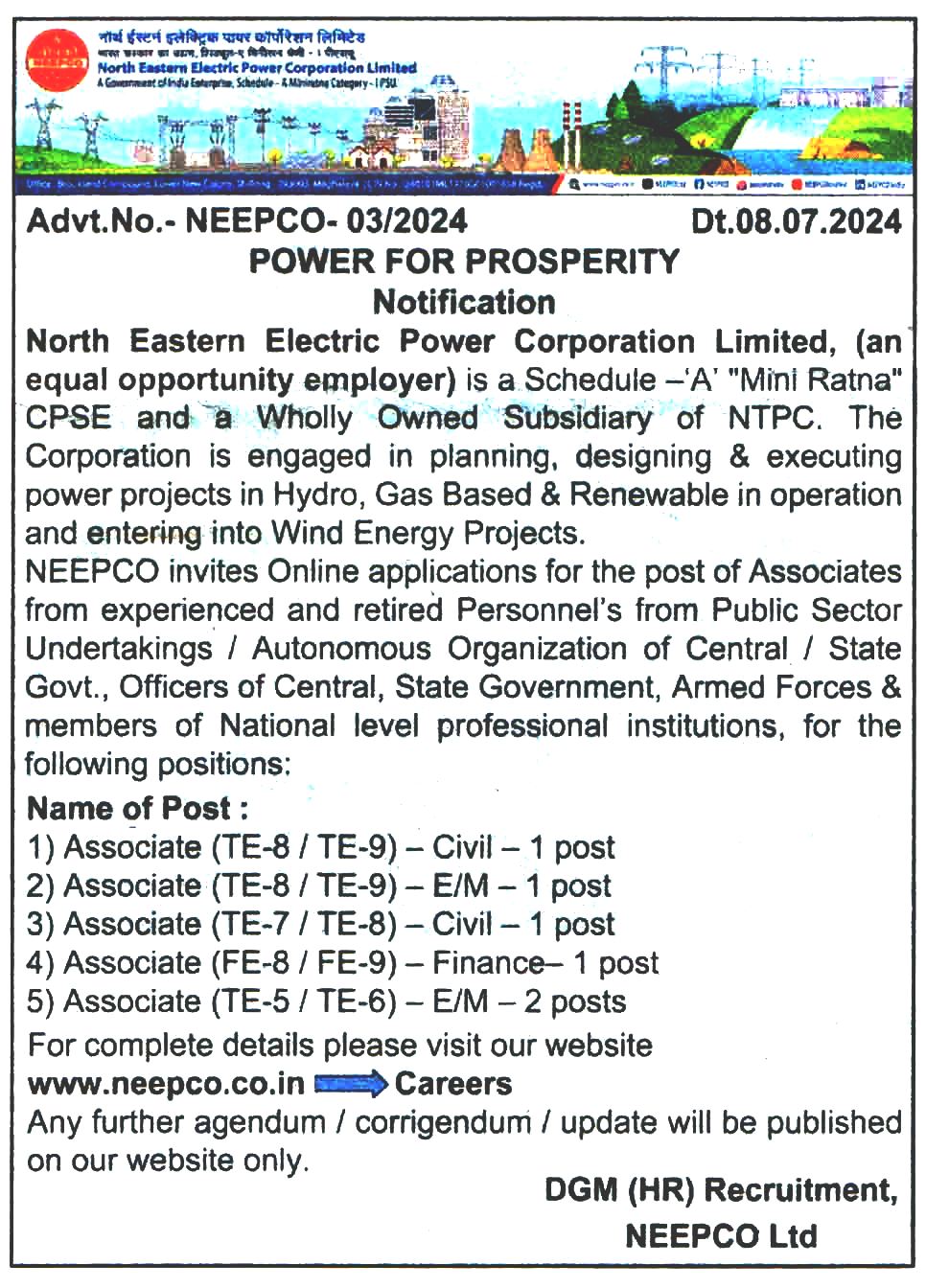 North Eastern Electric Power Corporation Limited (NEEPCO) Recruitment