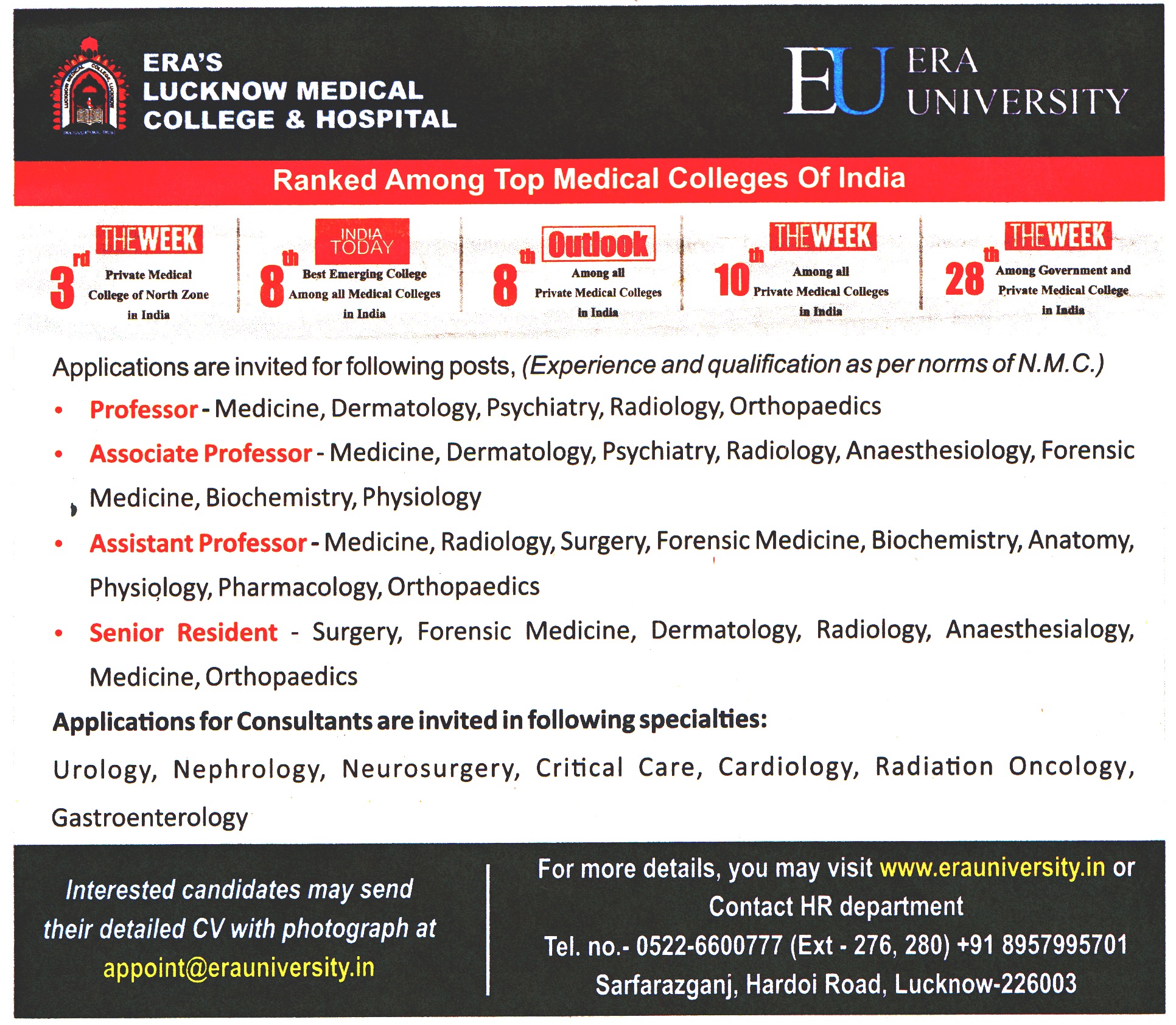 Era's Lucknow Medical College & Hospital Lucknow Recruitment