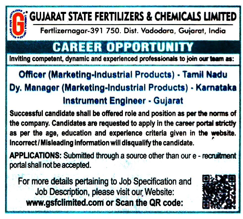 Gujarat State Fertilizers & Chemicals Limited (GSFC) Vadodara Recruitment