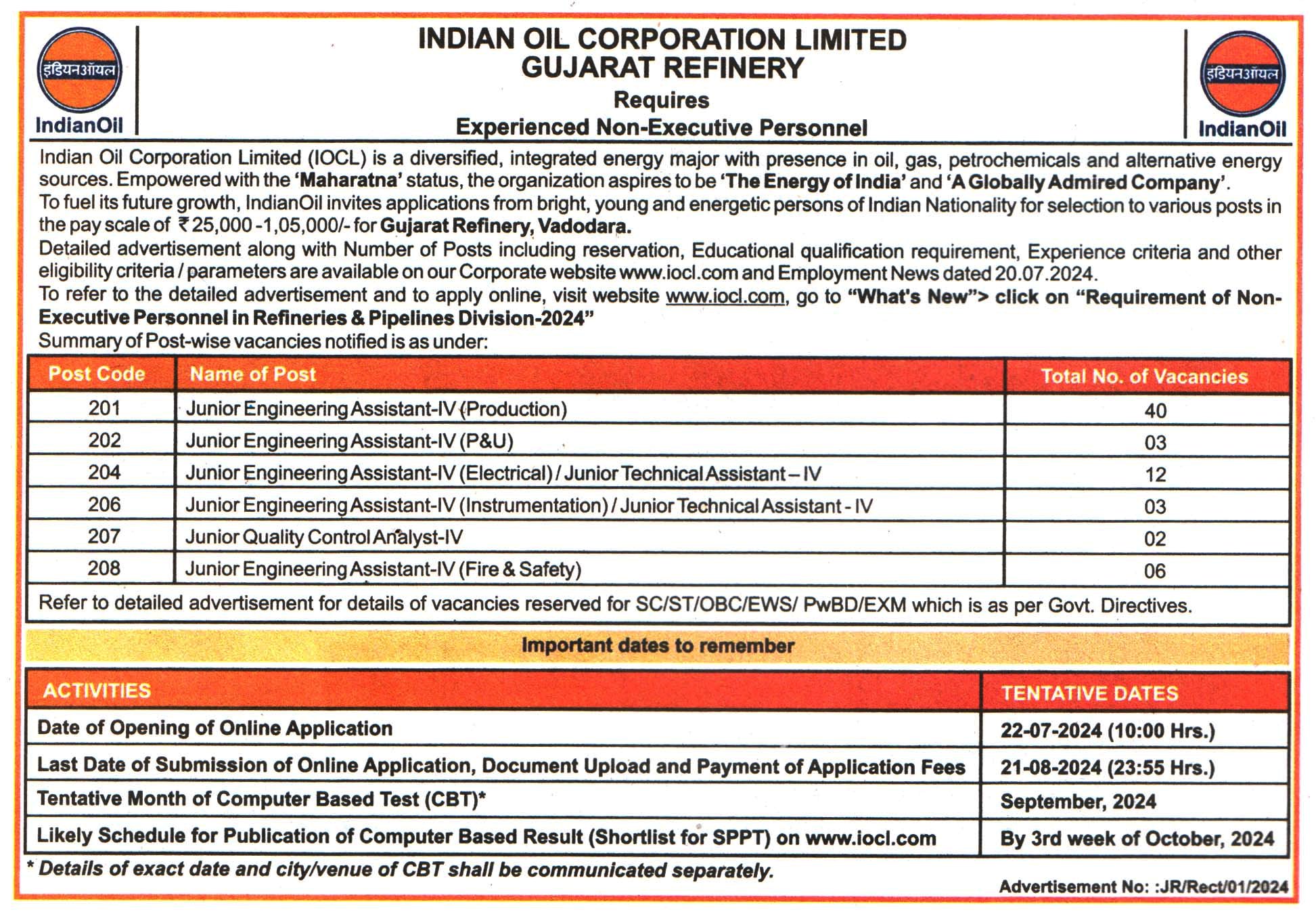 Indian Oil Corporation Limited (Indianoil) Vadodara Recruitment